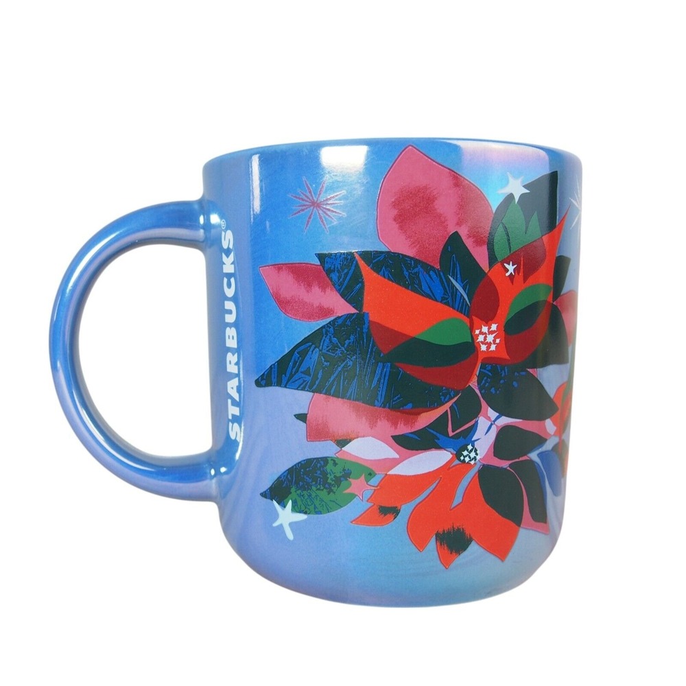 Starbucks 14 Oz Coffee Mug 2023 Christmas Iridescent Poinsettia Mug Blue EUC‎